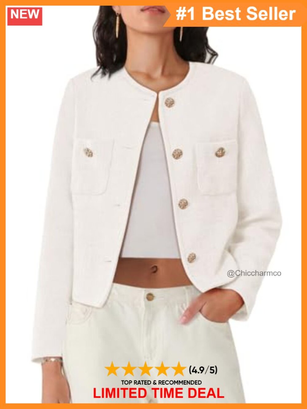 Women's Tweed Cropped Blazer Long Sleeve Button Down Business Casual